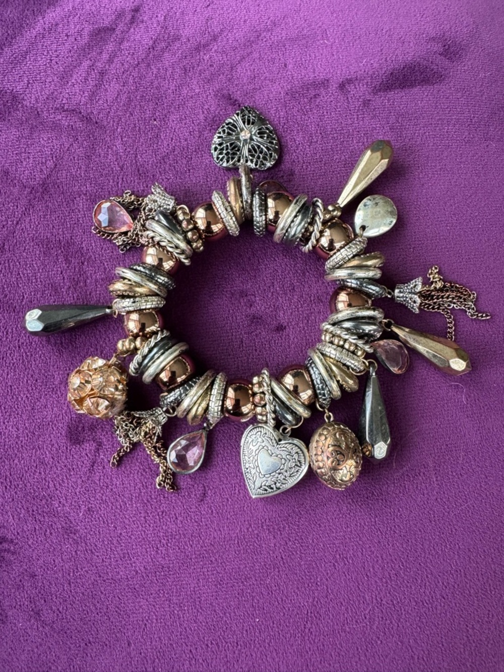 Mixed Metal Heart Charm Bracelet - Rose Gold, Bronze and Silver